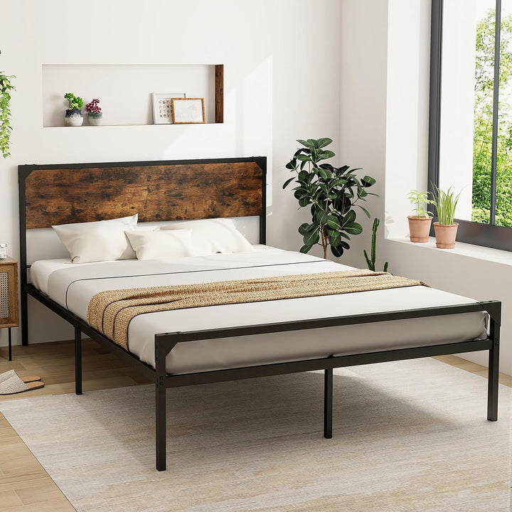 Giantex Full Size Bed Frame with Rustic Headboard &amp; Footboard, Strong Metal Slat Support Mattress Foundation