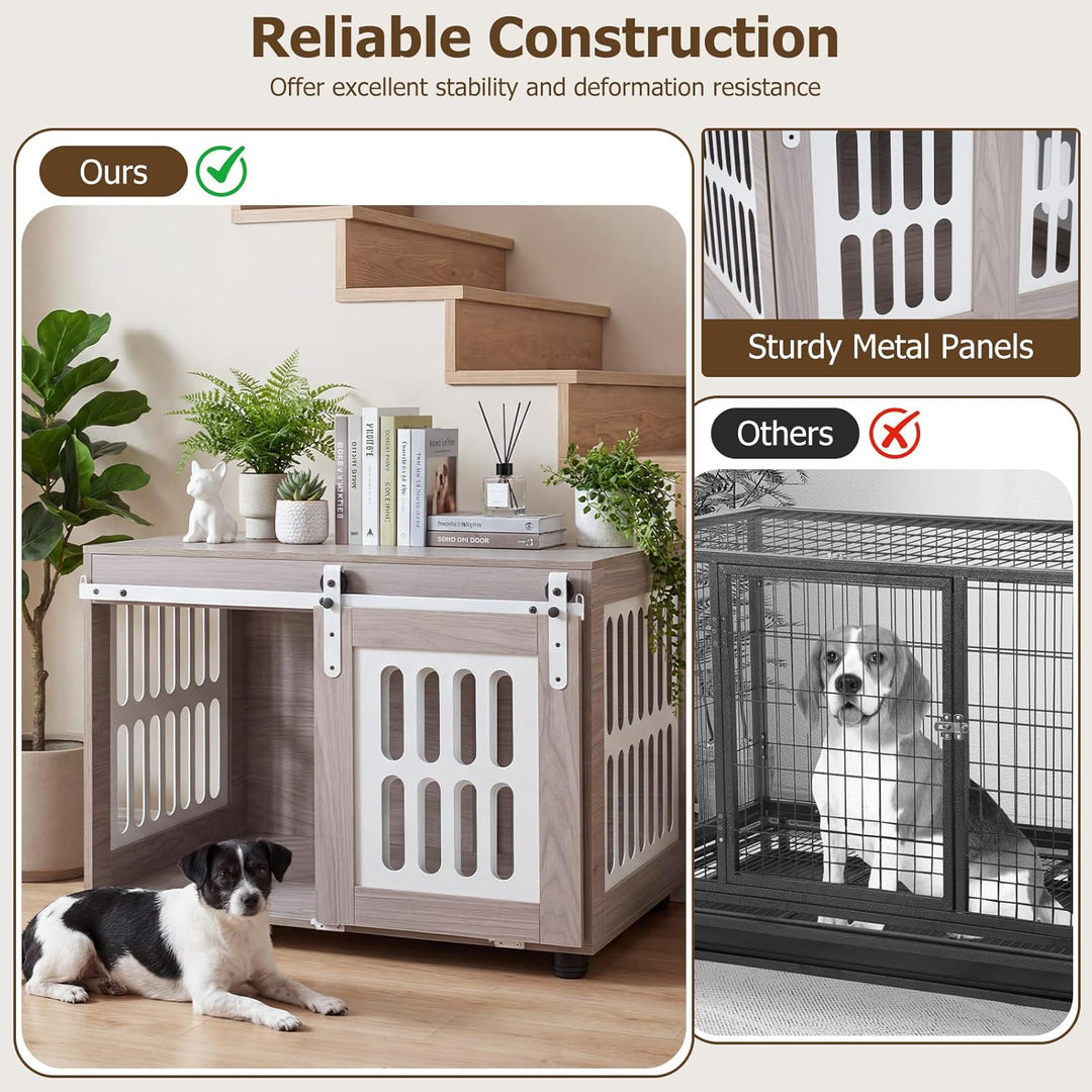 GIANTEX 31.5" Dog Crate Furniture with Barn Door for Small Medium Dogs | Farmhouse Wooden Dog Kennel