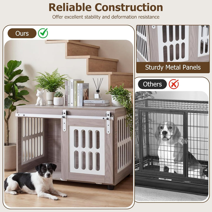 GIANTEX 31.5" Dog Crate Furniture with Barn Door for Small Medium Dogs | Farmhouse Wooden Dog Kennel