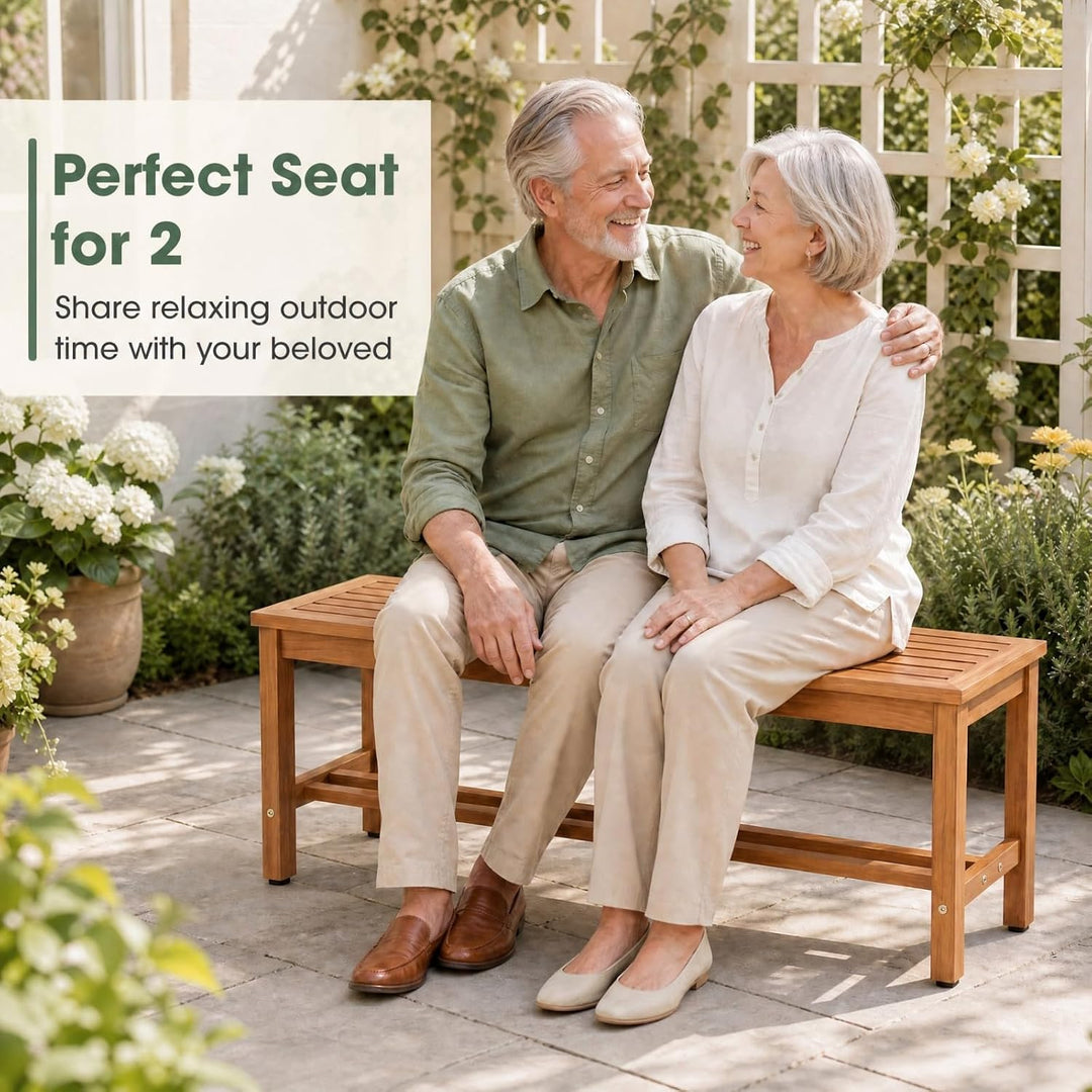 Giantex Outdoor Wooden Bench 2-Person Patio Bench w/Slatted Seat | Acacia Wood Garden Bench with Adjustable Foot Pads for Porch
