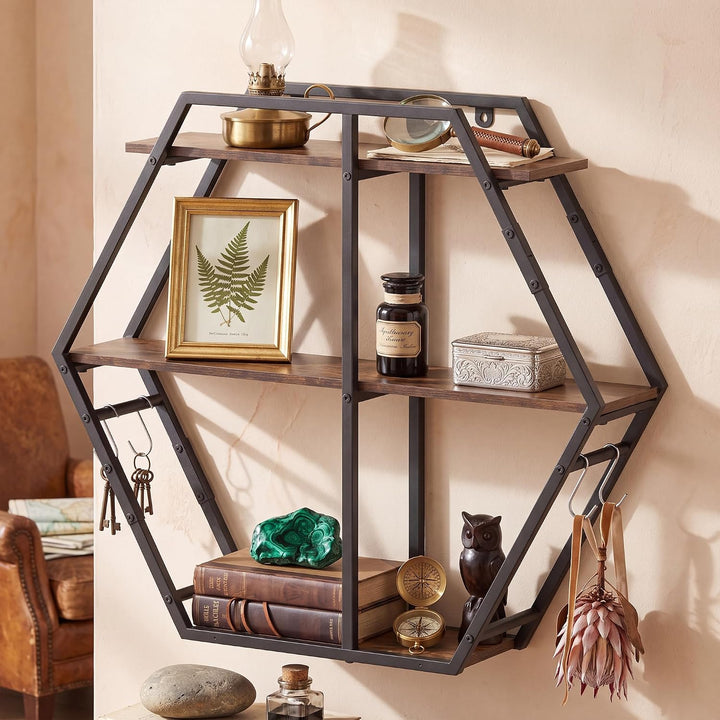 GIANTEX Industrial Hexagon Wall Shelf with 3-Tier Storage Shelves &amp; 4 Hooks | Decorative Wall Display Rack Unit with Metal Frame