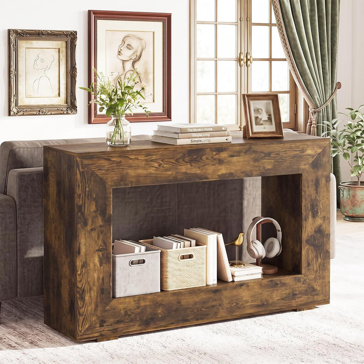 GIANTEX 47" Farmhouse Console Table, 2-Tier Entryway Table | Wooden Narrow Sofa Table Behind Couch with Open Storage Shelf for Living Room