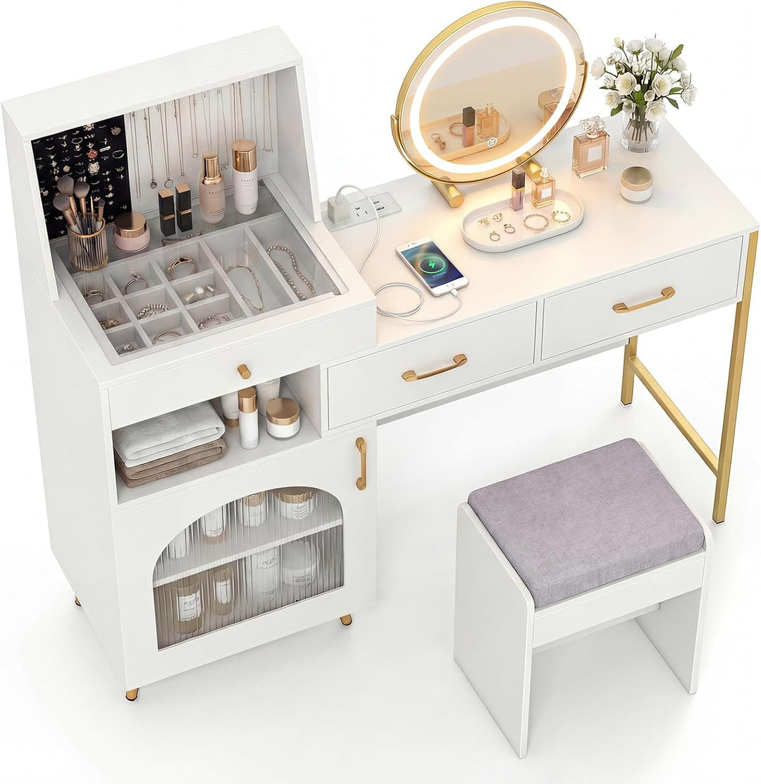CHARMAID Vanity Desk with Charging Station, Jewelry Organizer (Walnut) | 53.5&