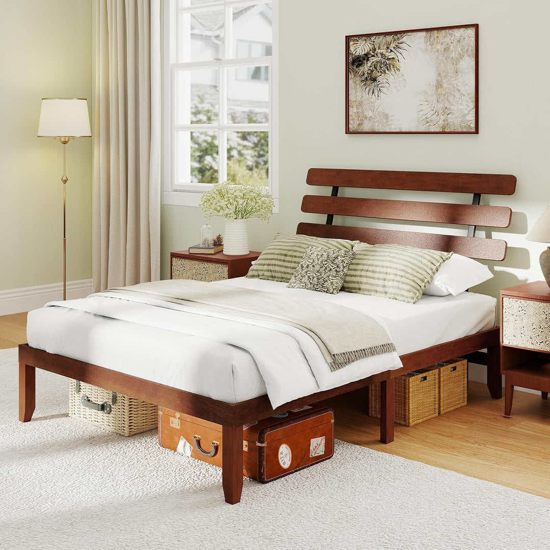 Giantex Queen/Full/Twin Size Platform Bed with Retro Headboard Mid Century Modern Bed Frame with Wood Slat Support