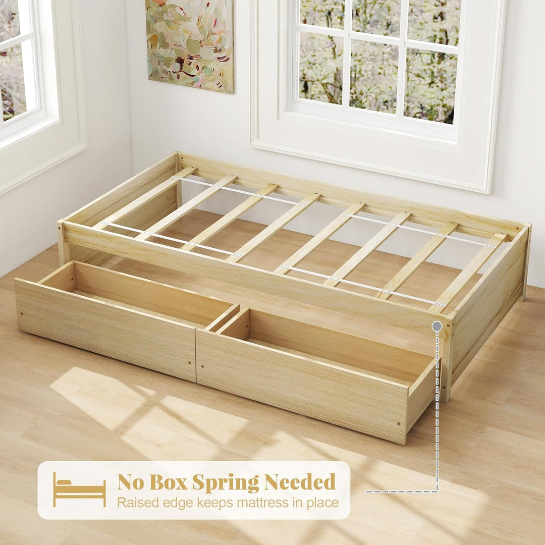 Giantex Queen/Full/Twin Size Bed Frame with 2 Storage Drawers, Solid Wood Platform Bed with Slats Support