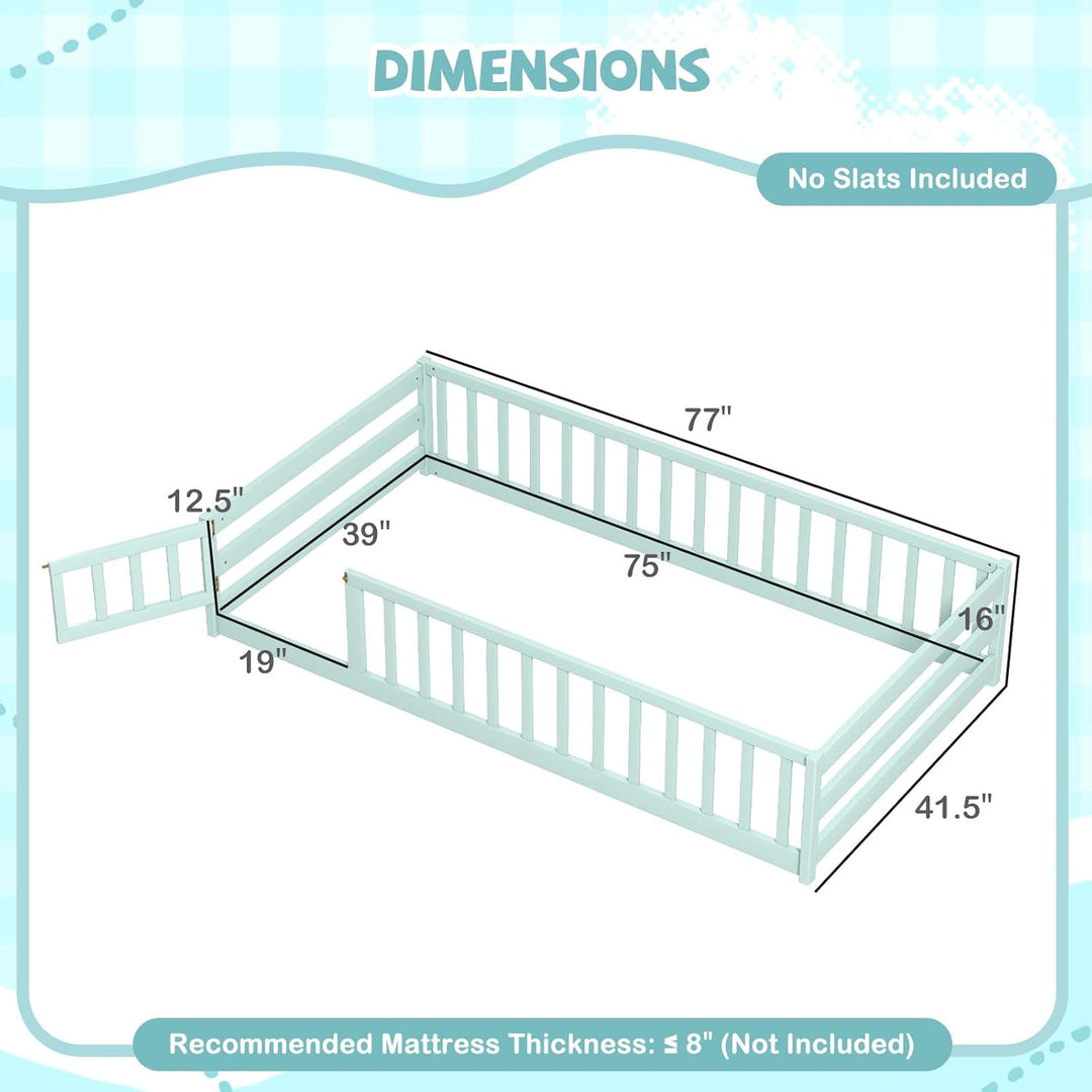 Giantex Floor Bed with Door &amp; Fence Kids Wood Montessori Beds with Safety Guardrails