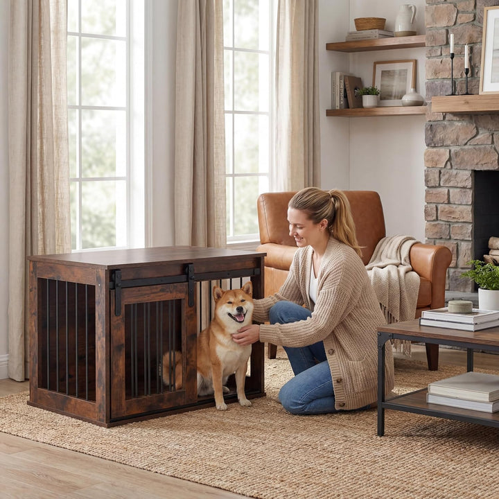 GIANTEX 31.5" Dog Crate Furniture with Sliding Barn Door, Wooden Dog Kennel | Heavy Duty Wood Pet Cage End Side Table