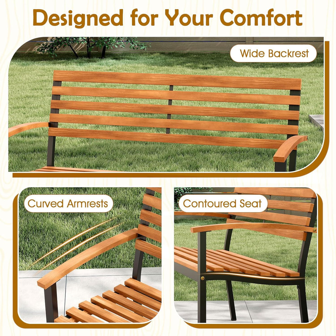 Outdoor Bench, Acacia Wood Patio Loveseat with Slatted Backrest &amp; Seat, Armrests