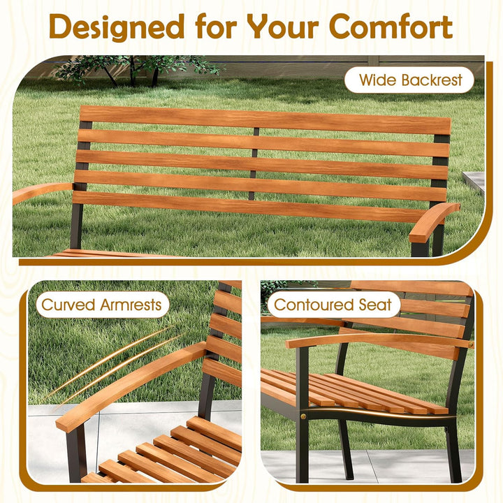 Outdoor Bench, Acacia Wood Patio Loveseat with Slatted Backrest &amp; Seat, Armrests