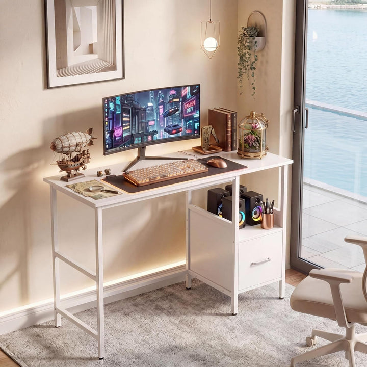 Giantex White Computer Desk, Writing Desk w/Open Shelf and Storage Drawer