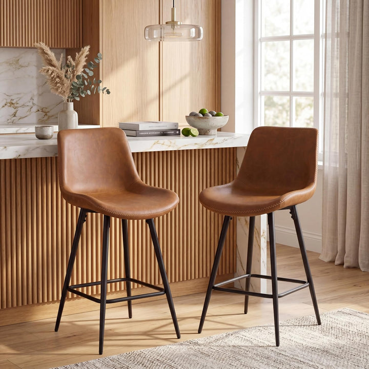 GIANTEX 24 Inch Faux Leather Upholstered Bar Stools Set of 2 | Counter Height Barstool with Backs &amp; Footrests
