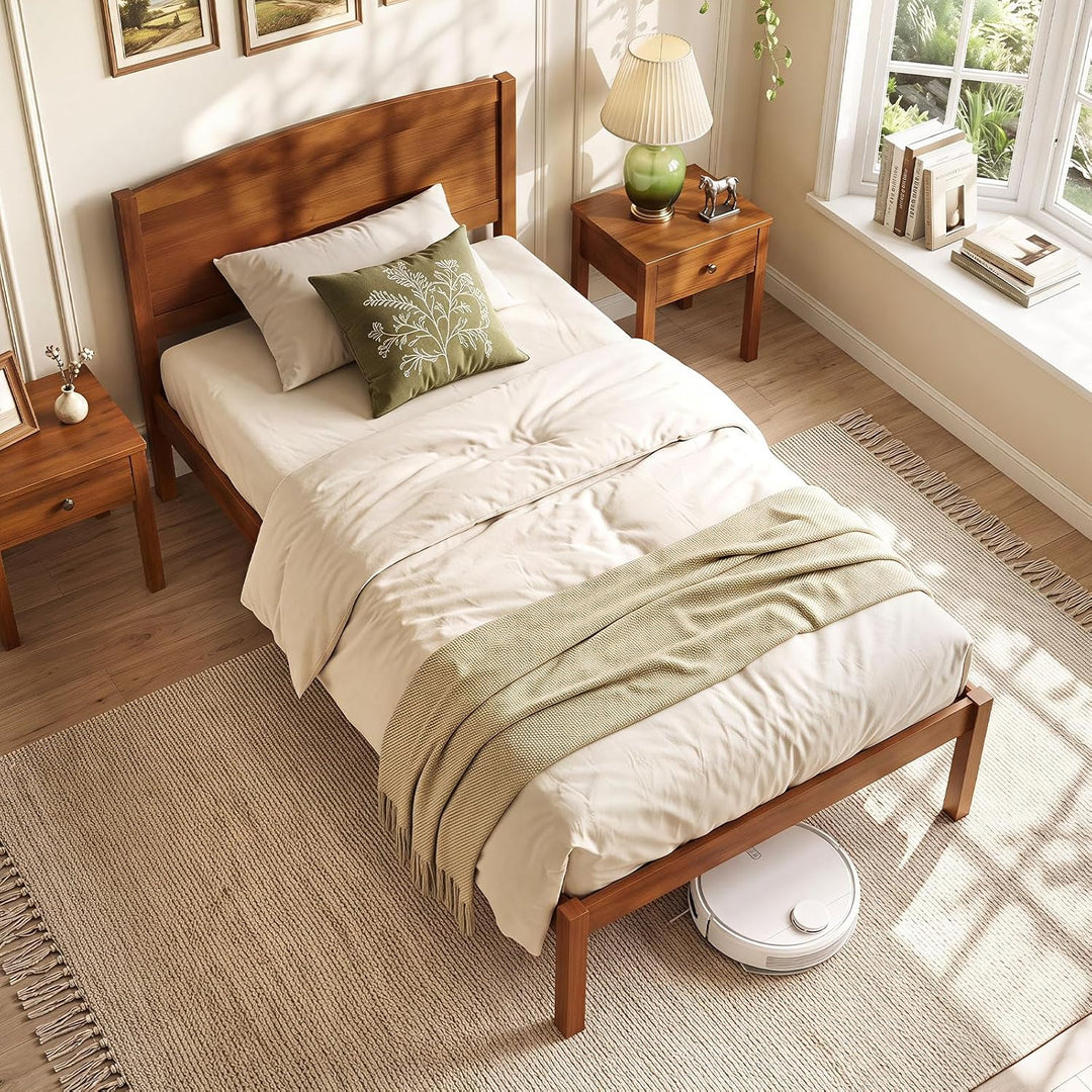 GIANTEX Wooden Bed Frame with Curved Headboard, Wood Slat Support | Farmhouse Platform Bed w/Heavy Duty Mattress Foundation