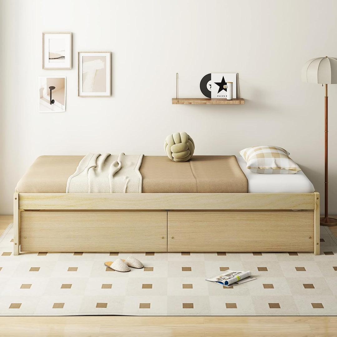Giantex Queen/Full/Twin Size Bed Frame with 2 Storage Drawers, Solid Wood Platform Bed with Slats Support