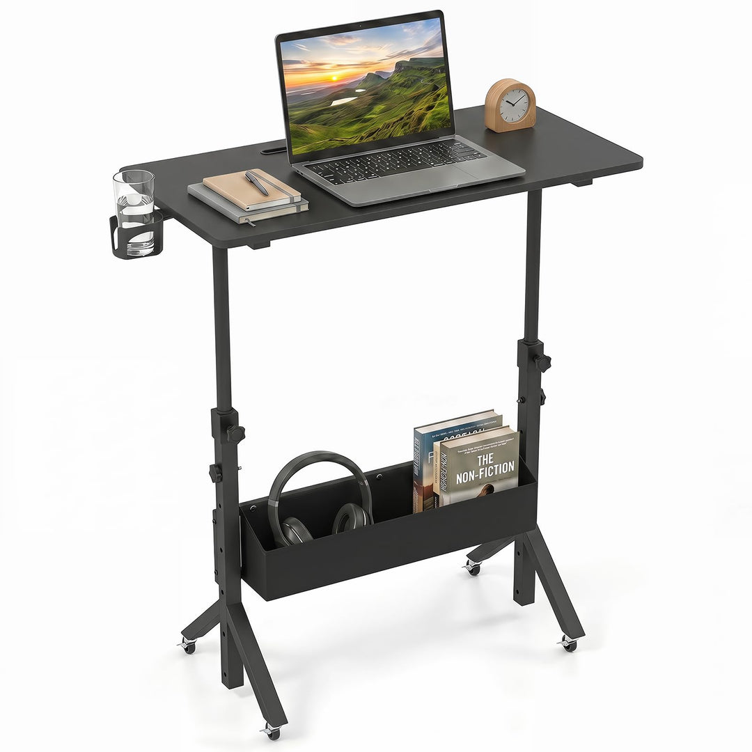 Giantex 31.5 Small Mobile Standing Desk with Wheels &amp; Storage Basket &amp; Tablet Slot