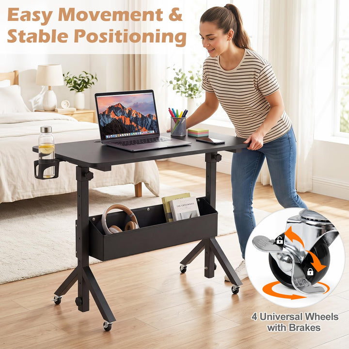 Giantex 31.5 Small Mobile Standing Desk with Wheels &amp; Storage Basket &amp; Tablet Slot