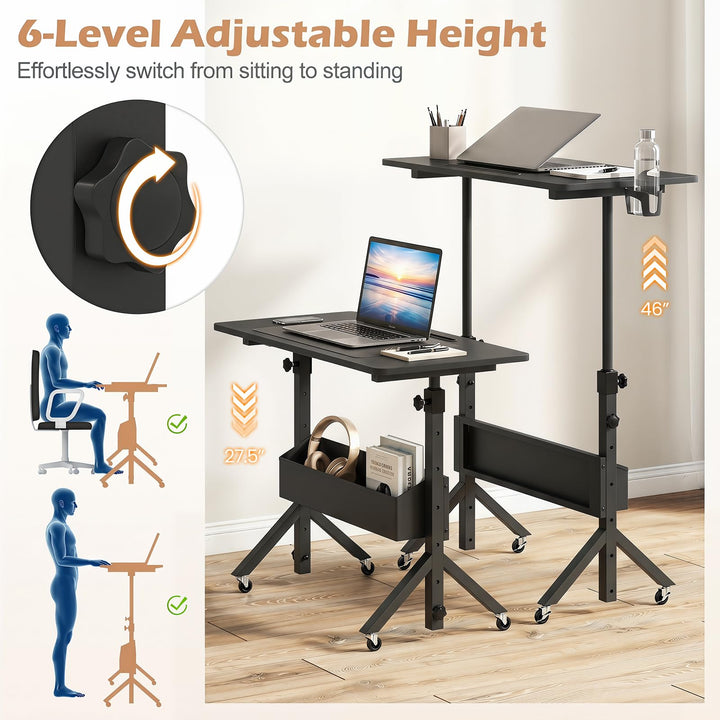 Giantex 31.5 Small Mobile Standing Desk with Wheels &amp; Storage Basket &amp; Tablet Slot