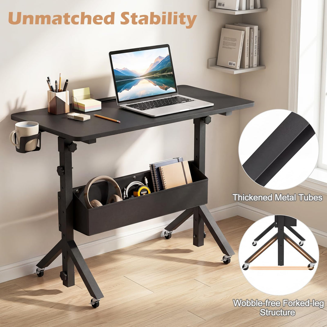 Giantex 31.5 Small Mobile Standing Desk with Wheels &amp; Storage Basket &amp; Tablet Slot