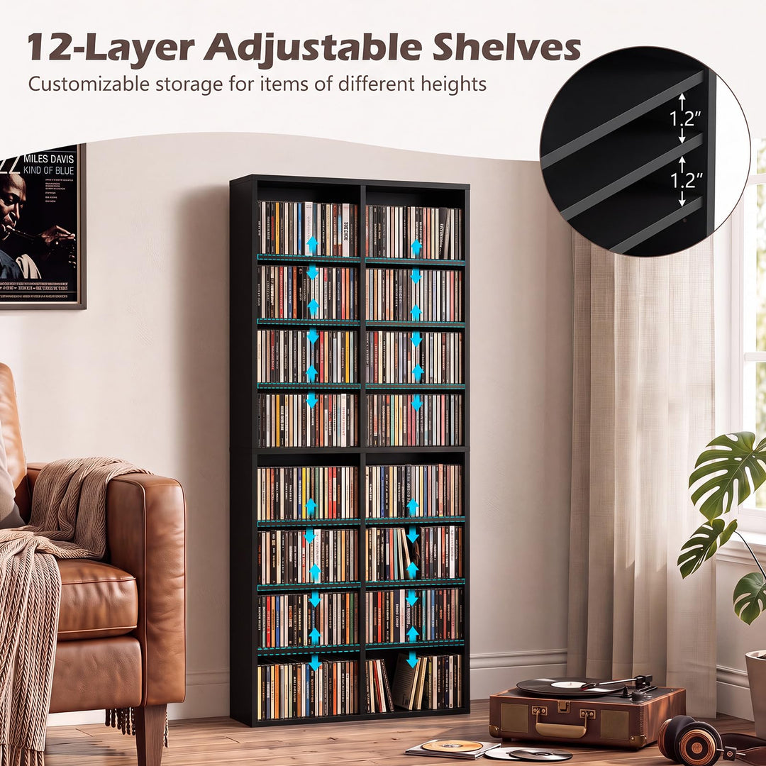 GIANTEX DVD Shelf | 16-Shelf Wide CD Rack with 12 Adjustable Shelves (1/2)