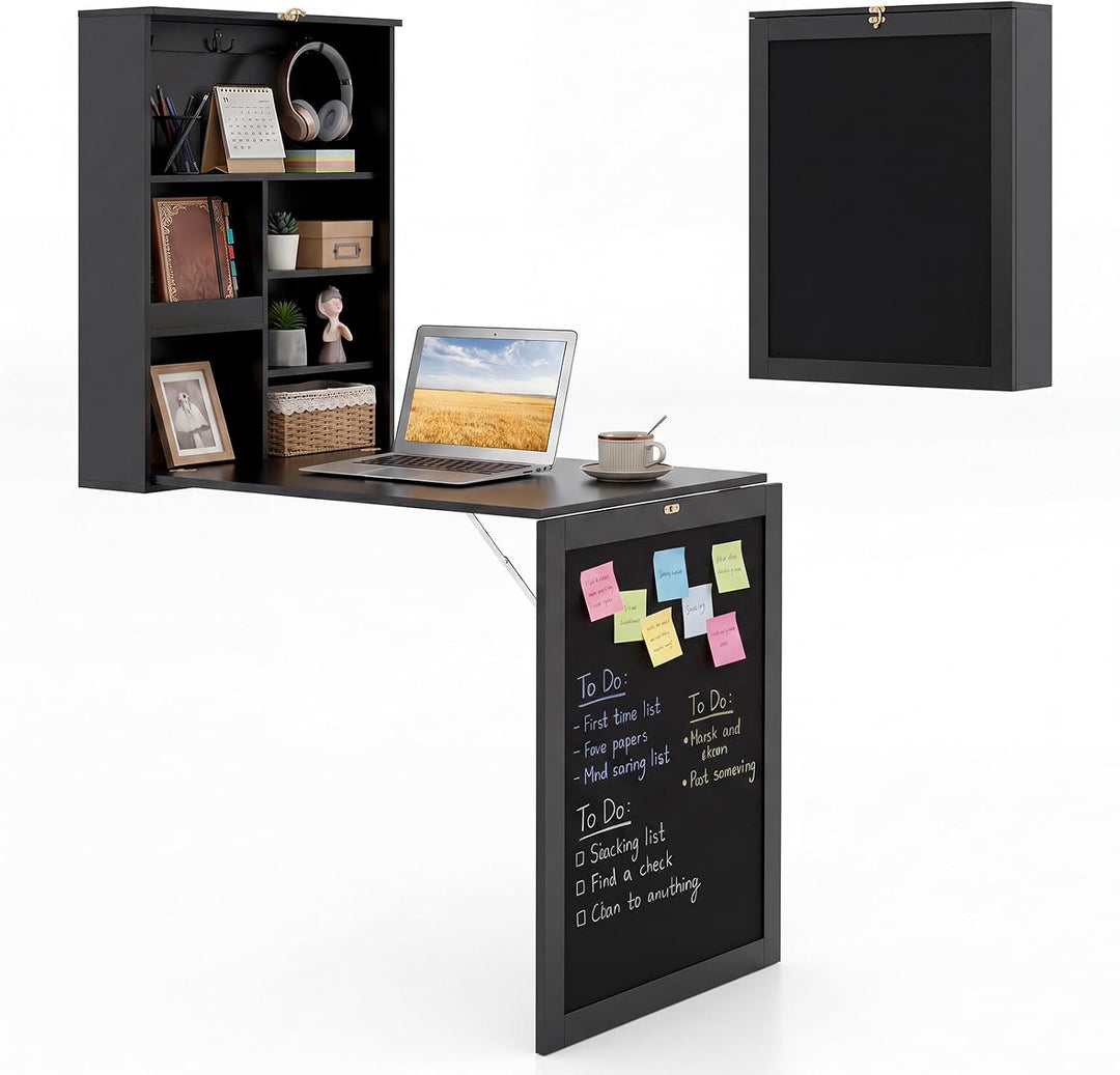 Giantex Foldable Wall Mounted Desk with Storage Shelves Hooks &amp; Chalkboard
