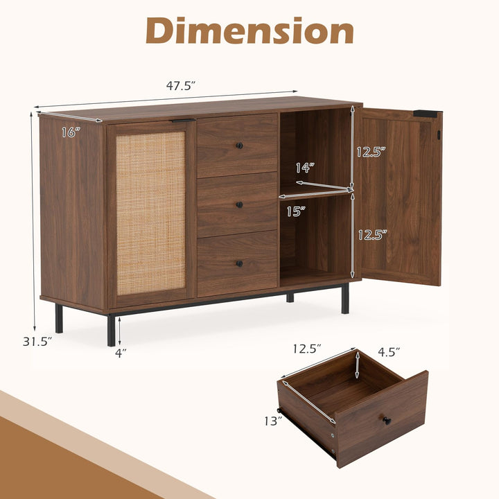 Giantex 47.5 Sideboard Buffet Cabinet with Storage with 2 Rattan Doors and 3 Drawers