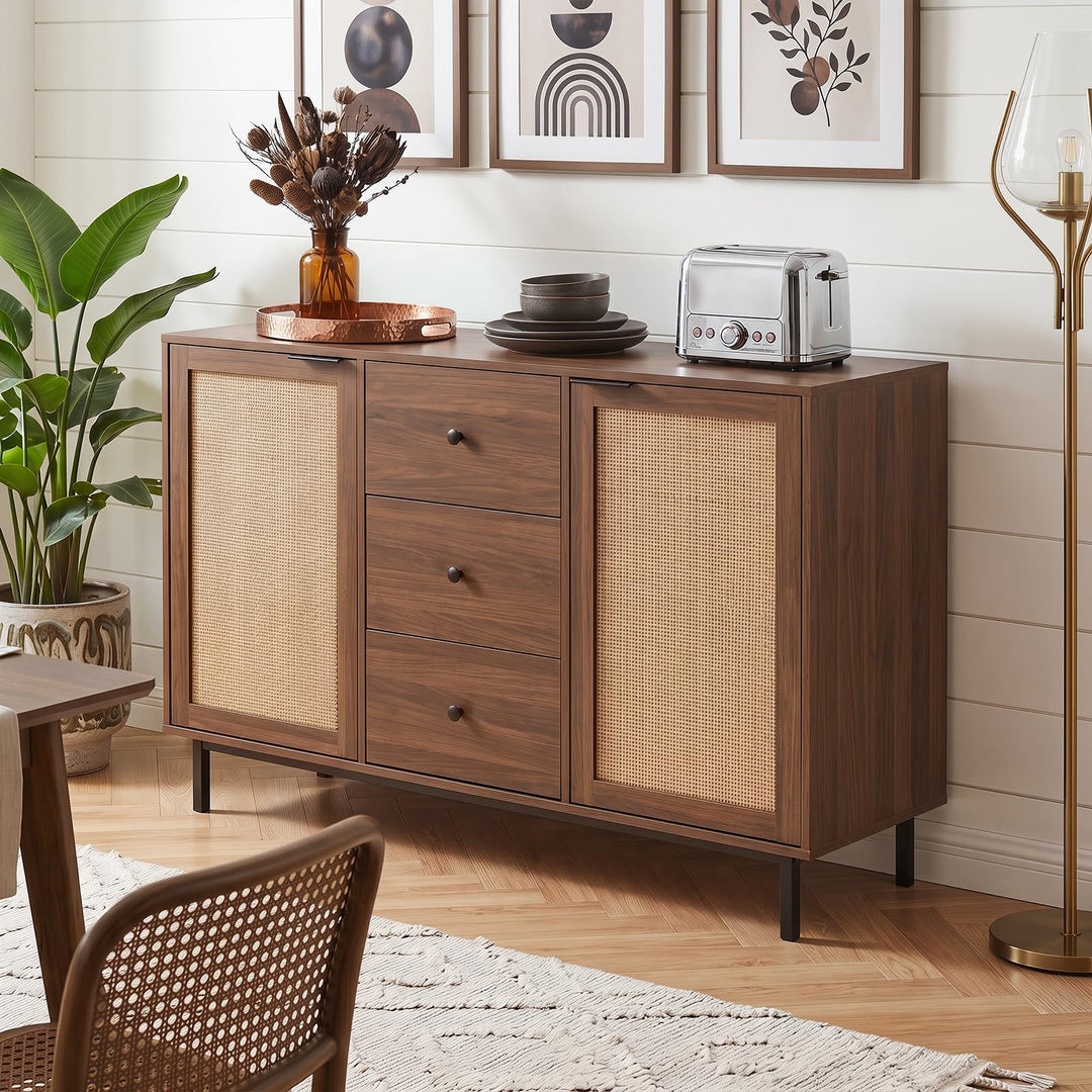 Giantex 47.5 Sideboard Buffet Cabinet with Storage with 2 Rattan Doors and 3 Drawers