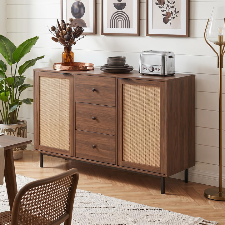 Giantex 47.5 Sideboard Buffet Cabinet with Storage with 2 Rattan Doors and 3 Drawers