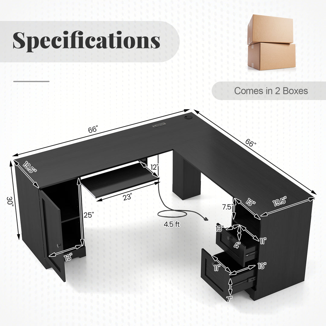 Giantex 66" L-Shaped Desk with Storage Drawers &amp; Charging Station