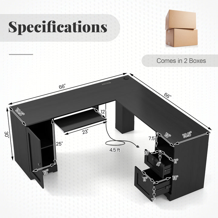 Giantex 66" L-Shaped Desk with Storage Drawers &amp; Charging Station