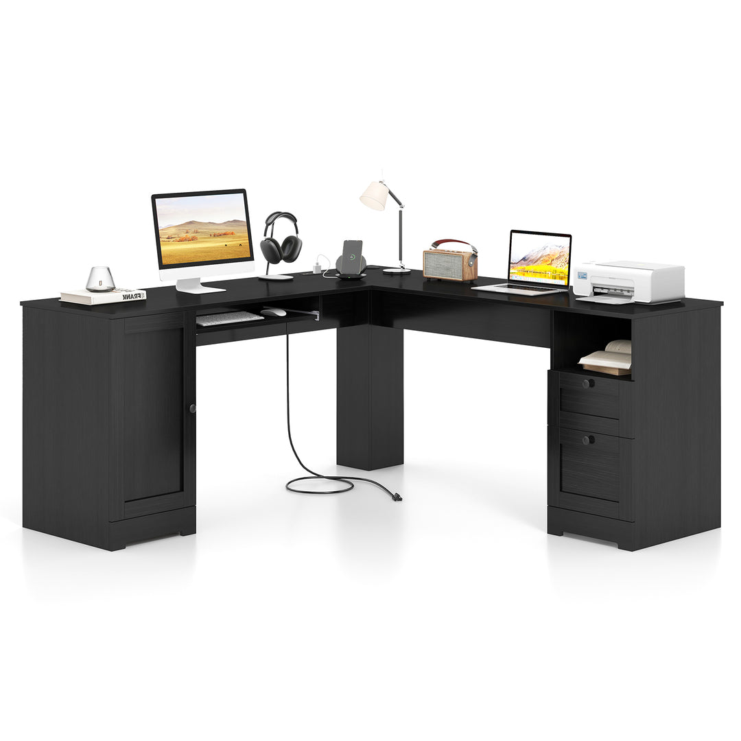 Giantex 66" L-Shaped Desk with Storage Drawers &amp; Charging Station