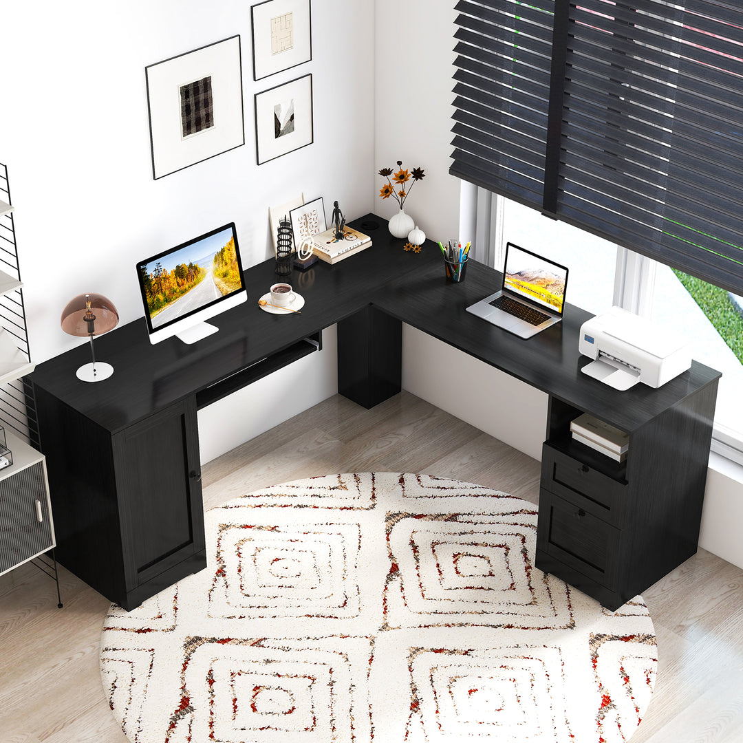 Giantex 66" L-Shaped Desk with Storage Drawers &amp; Charging Station