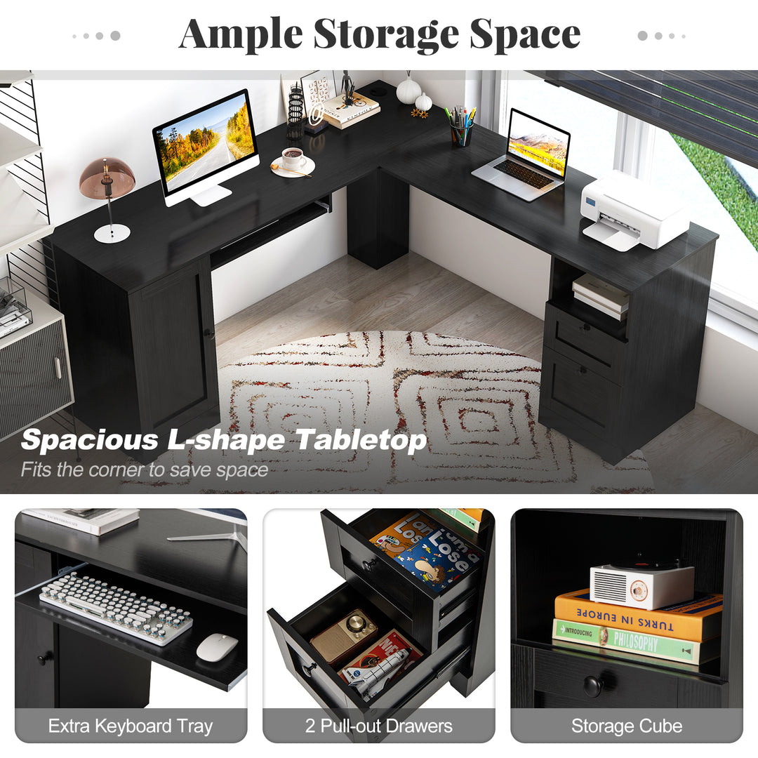 Giantex 66" L-Shaped Desk with Storage Drawers &amp; Charging Station