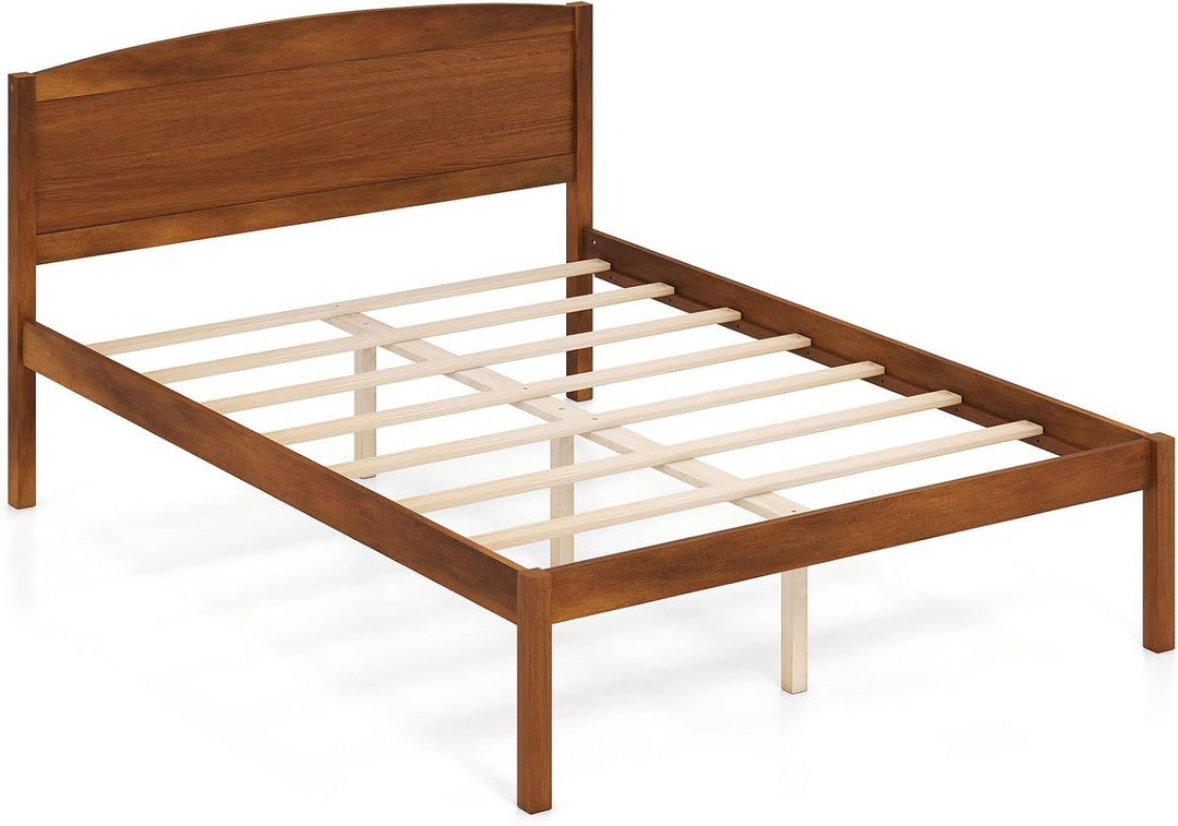 GIANTEX Wooden Bed Frame with Curved Headboard, Wood Slat Support | Farmhouse Platform Bed w/Heavy Duty Mattress Foundation