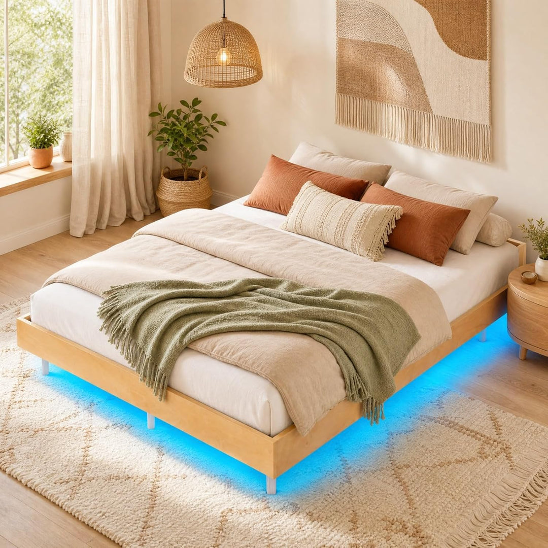 GIANTEX Wood Floating Bed Frame Queen Size with Smart LED Light, Natural | Modern Platform Bed w/Heavy Duty Mattress Foundation