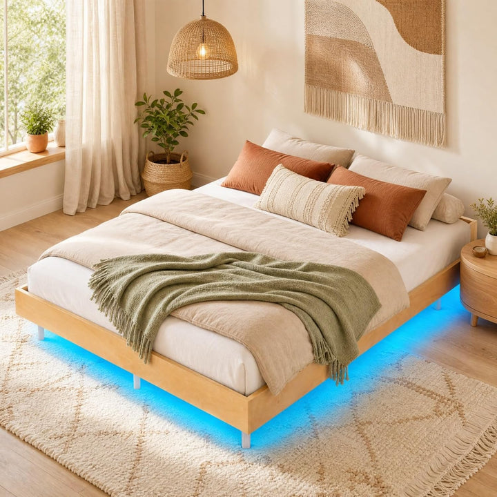 GIANTEX Wood Floating Bed Frame Queen Size with Smart LED Light, Natural | Modern Platform Bed w/Heavy Duty Mattress Foundation