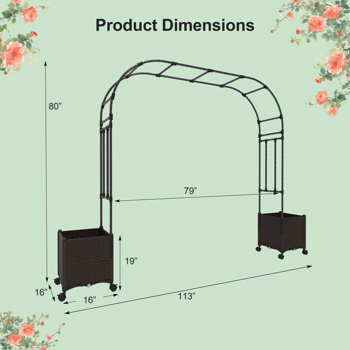 6.6 FT Garden Arch Trellis with 2 Planter Boxes, Outdoor Arbor Archway for Climbing Plants