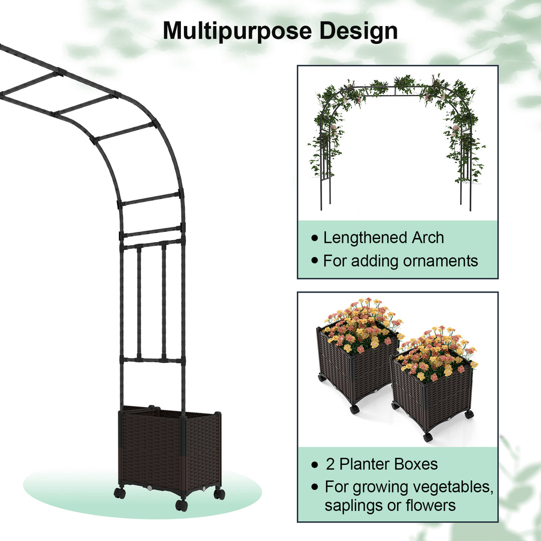 6.6 FT Garden Arch Trellis with 2 Planter Boxes, Outdoor Arbor Archway for Climbing Plants
