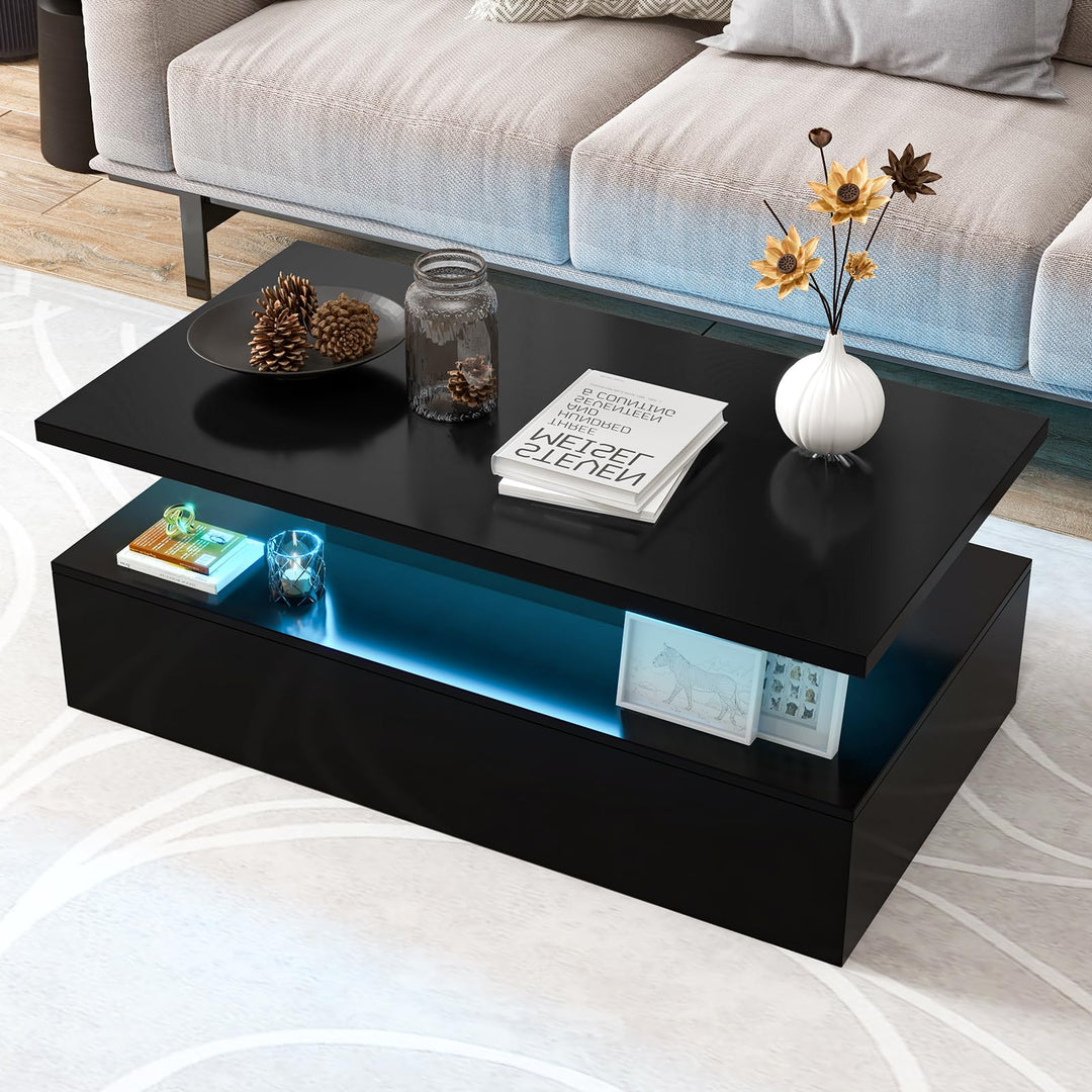 Giantex Modern LED Coffee Table - 2-Tier High Glossy Coffee Table