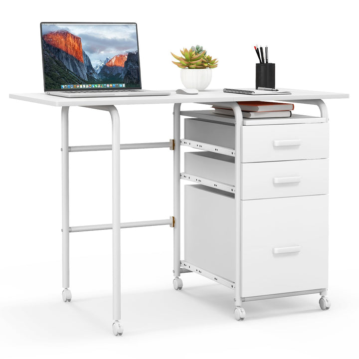 Giantex Folding Desk for Small Space, Rolling Home Office Desk with 3 Drawers &amp; Lockable Universal Wheels