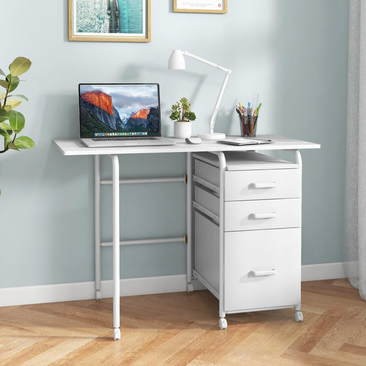Giantex Folding Desk for Small Space, Rolling Home Office Desk with 3 Drawers &amp; Lockable Universal Wheels