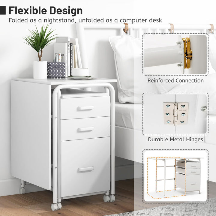 Giantex Folding Desk for Small Space, Rolling Home Office Desk with 3 Drawers &amp; Lockable Universal Wheels