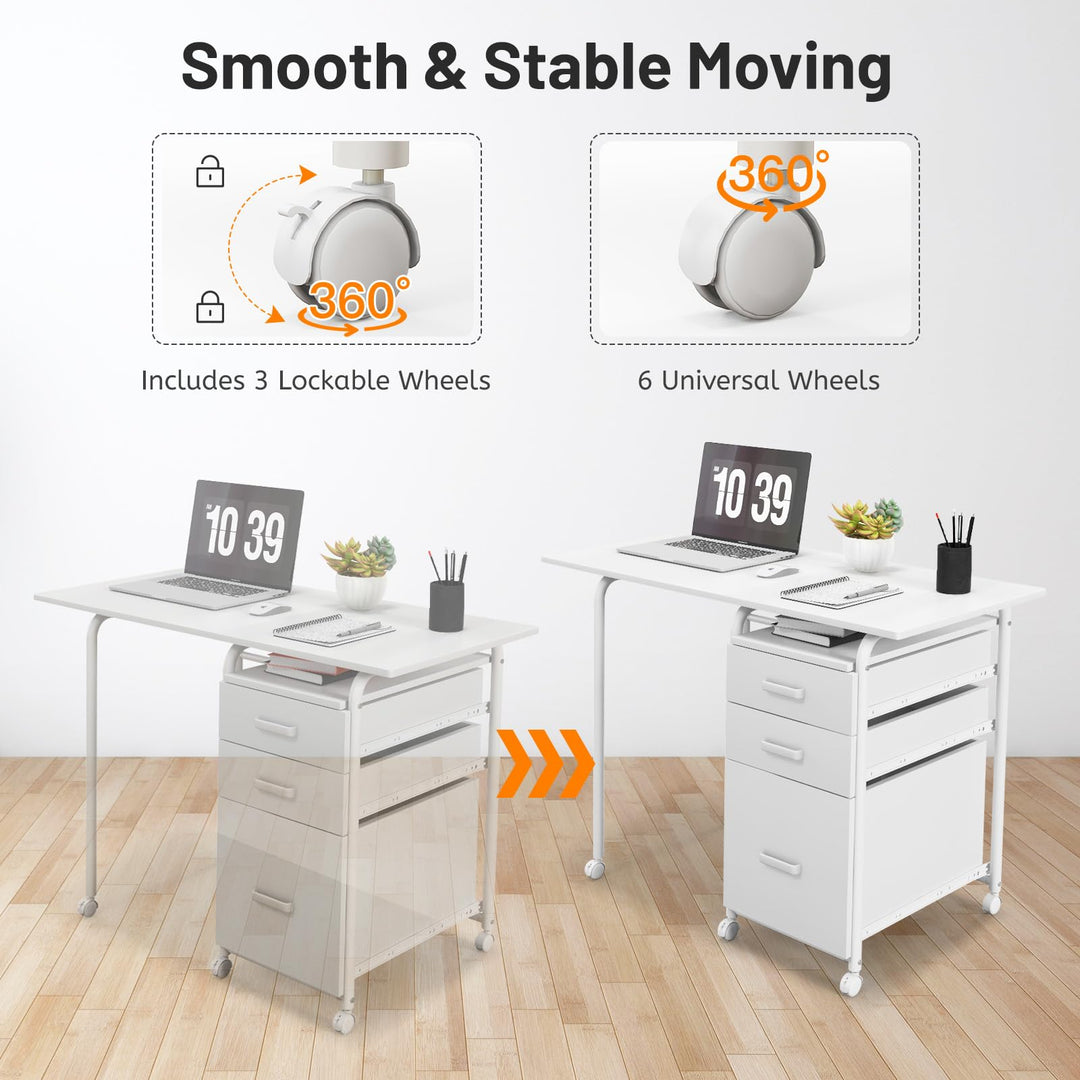Giantex Folding Desk for Small Space, Rolling Home Office Desk with 3 Drawers &amp; Lockable Universal Wheels