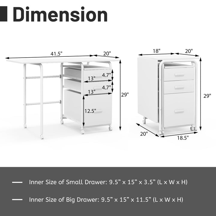 Giantex Folding Desk for Small Space, Rolling Home Office Desk with 3 Drawers &amp; Lockable Universal Wheels