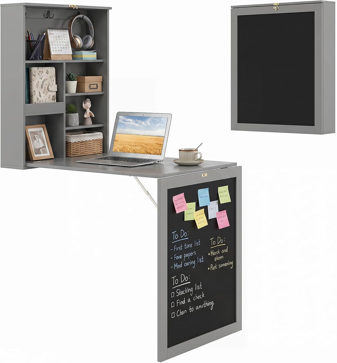 Giantex Foldable Wall Mounted Desk with Storage Shelves Hooks &amp; Chalkboard