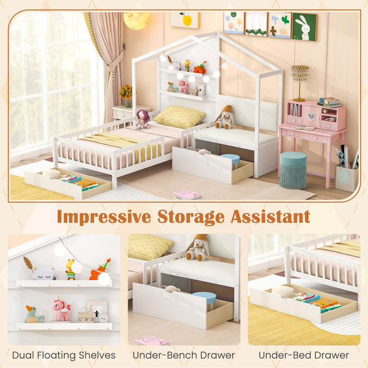 Giantex Twin House Bed for Kids, Wooden Kids Twin Bed Frame with Padded Bench