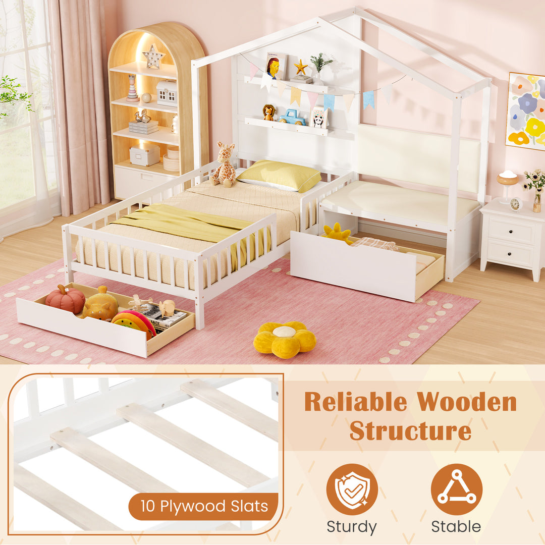 Giantex Twin House Bed for Kids, Wooden Kids Twin Bed Frame with Padded Bench