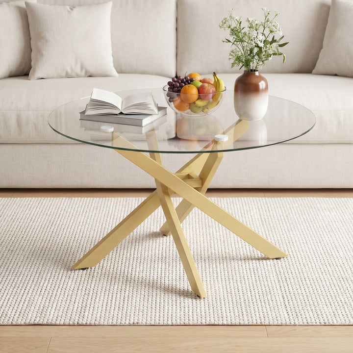 Giantex 31.5" Round Glass Coffee Table with Tempered Glass Top &amp; Geometric Metal Frame