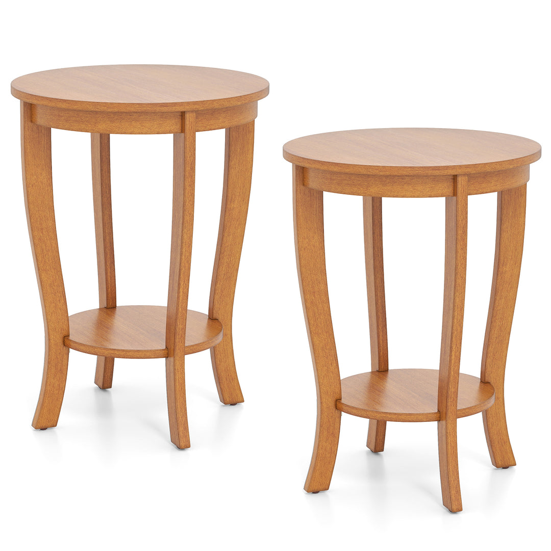 Giantex Round End Table with Storage Shelf Set of 2, Retro Nightstand with Solid Wood Legs, 24.5" Accent Table for Small Spaces