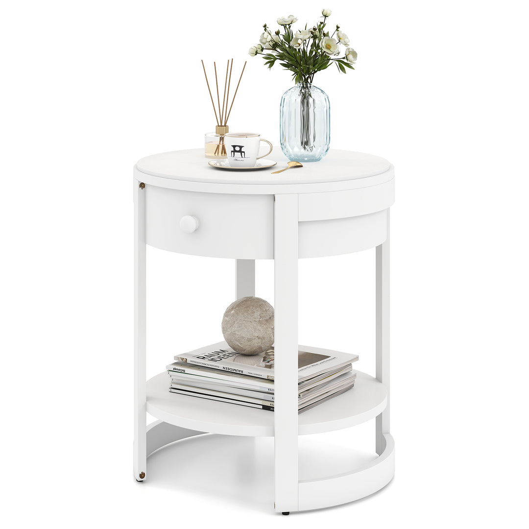 Giantex Round Side Tables Set of 1/2 | 2-Tier Retro End Tables with Drawer &amp; Shelf