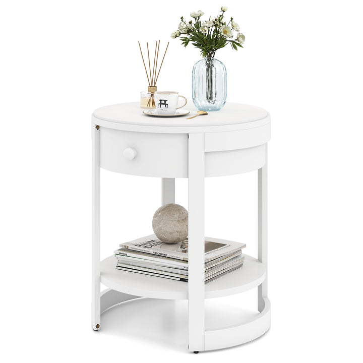 Giantex Round Side Tables Set of 1/2 | 2-Tier Retro End Tables with Drawer &amp; Shelf