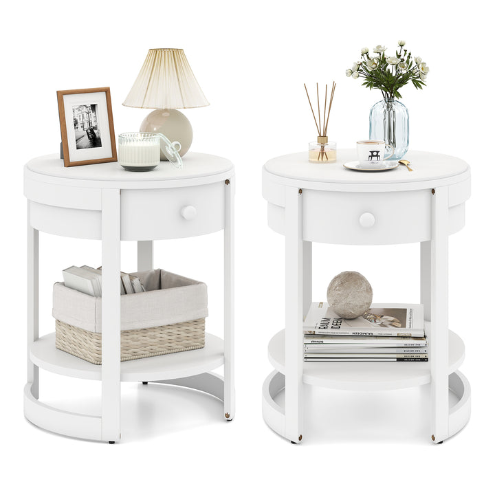 Giantex Round Side Tables Set of 1/2 | 2-Tier Retro End Tables with Drawer &amp; Shelf